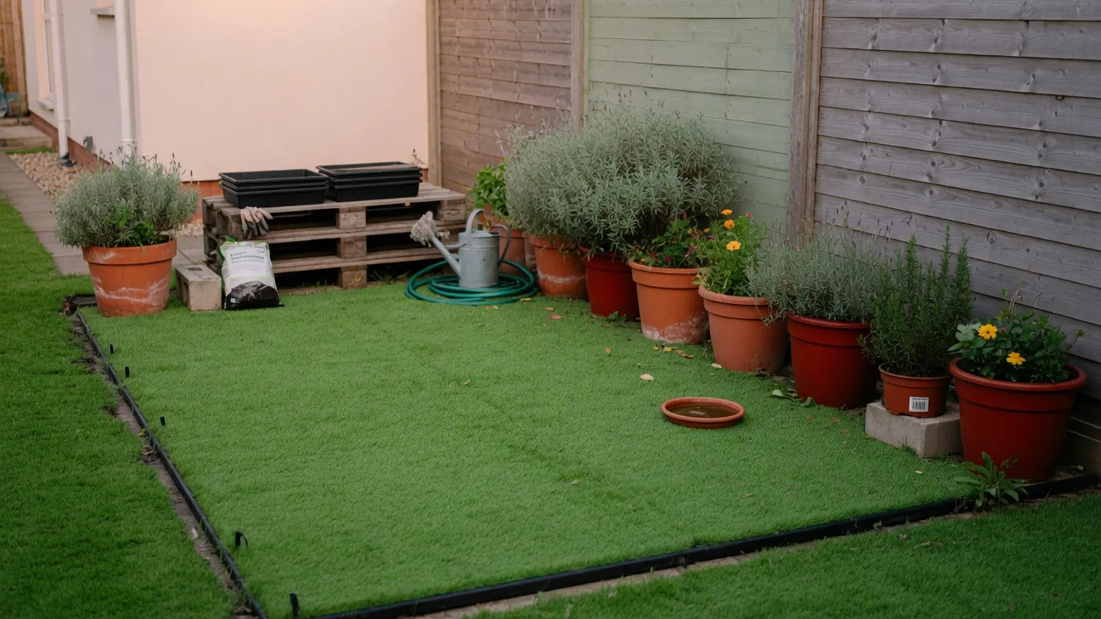 A vibrant green synthetic lawn installed in a modern backyard bordered by potted plants.