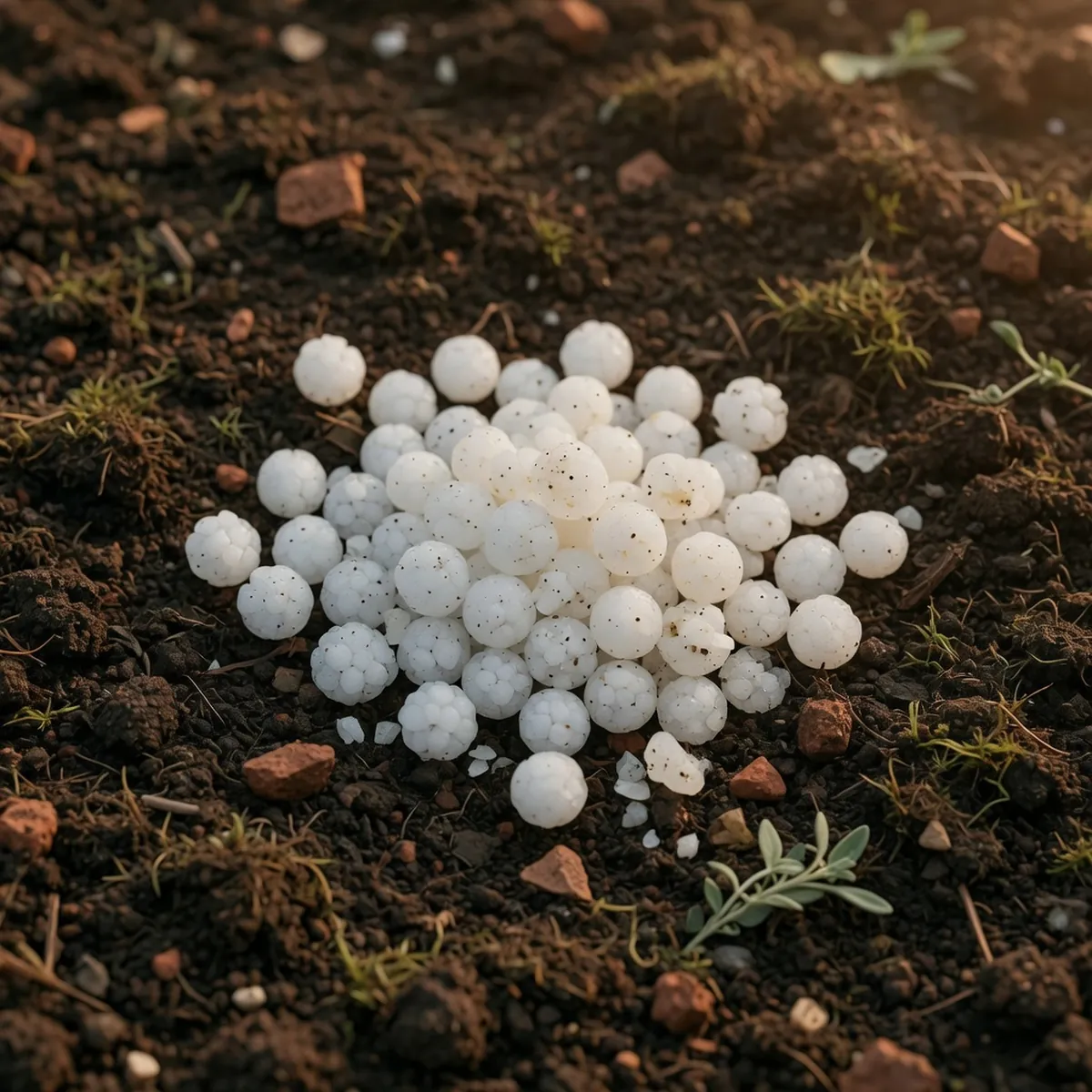 A close-up of white crystalline urea fertilizer granules on dark soil.