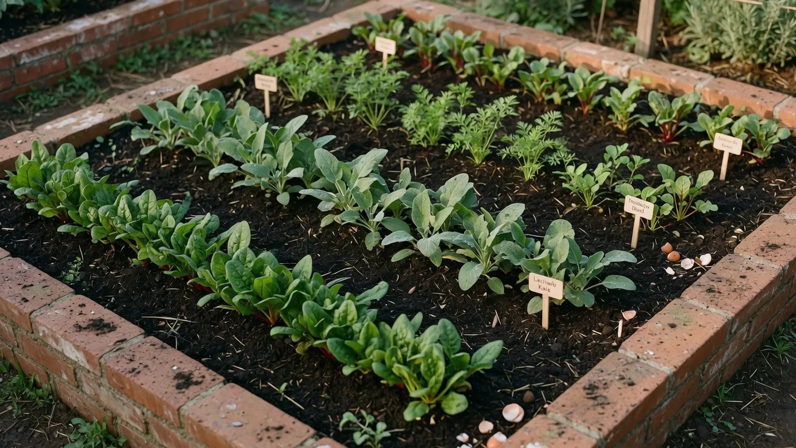 A healthy vegetable garden bed with rich soil and thriving green plants.