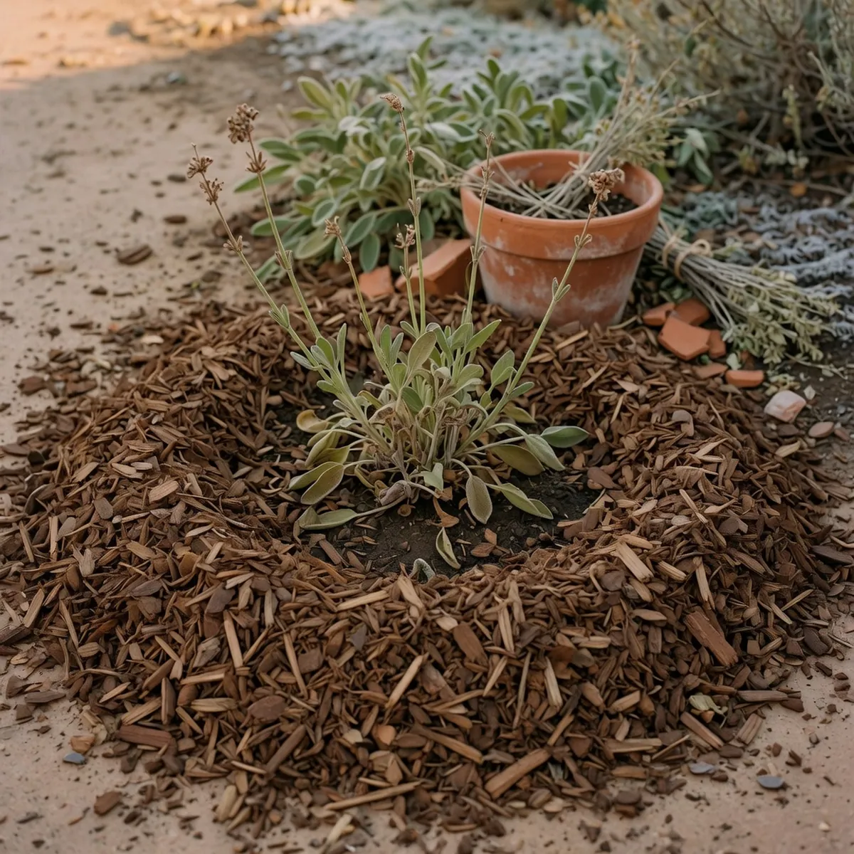A thick layer of brown mulch spread evenly around the base of a garden plant.