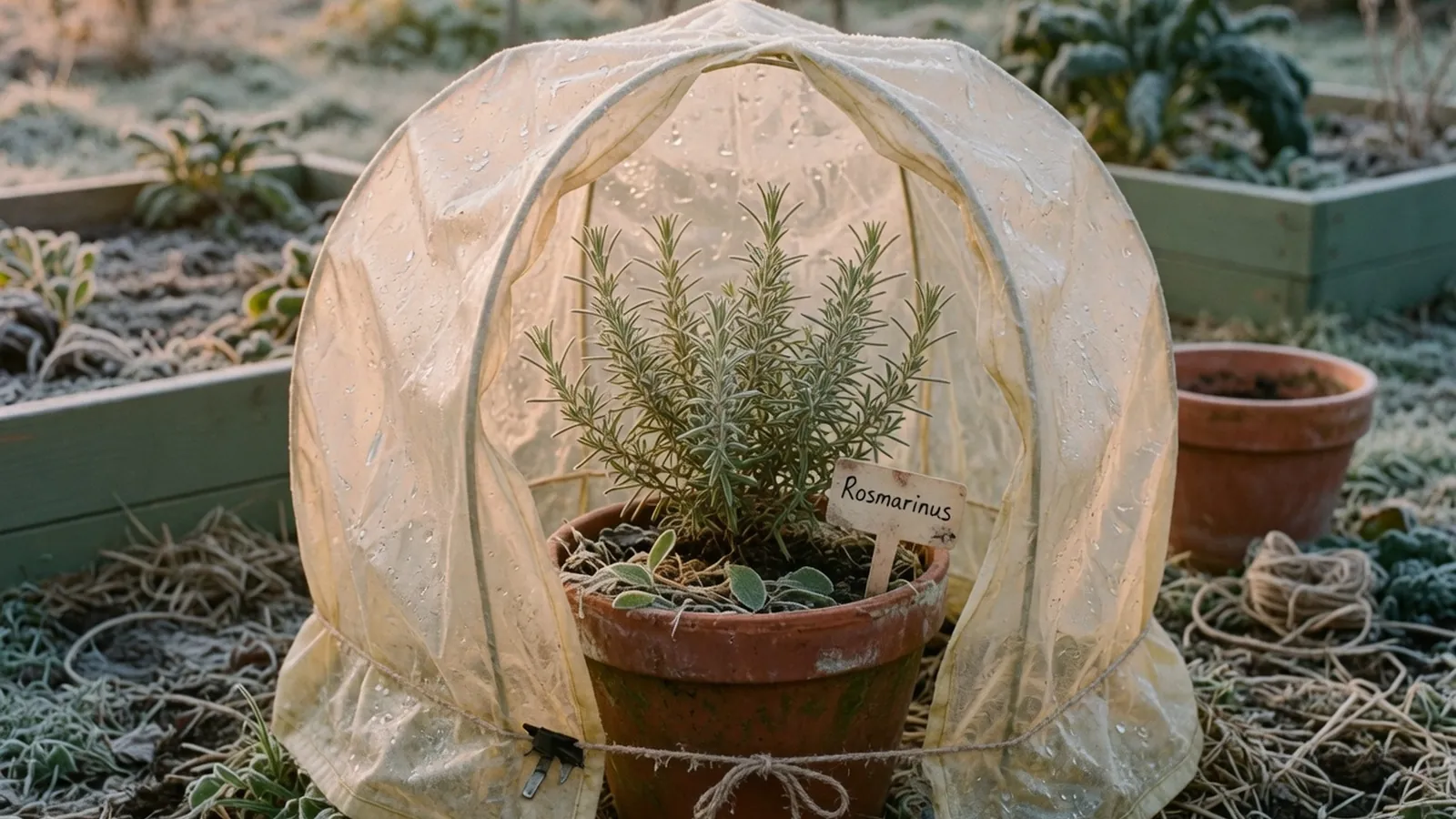 A frost-covered garden plant shielded by a translucent protective cover in a quiet winter garden.