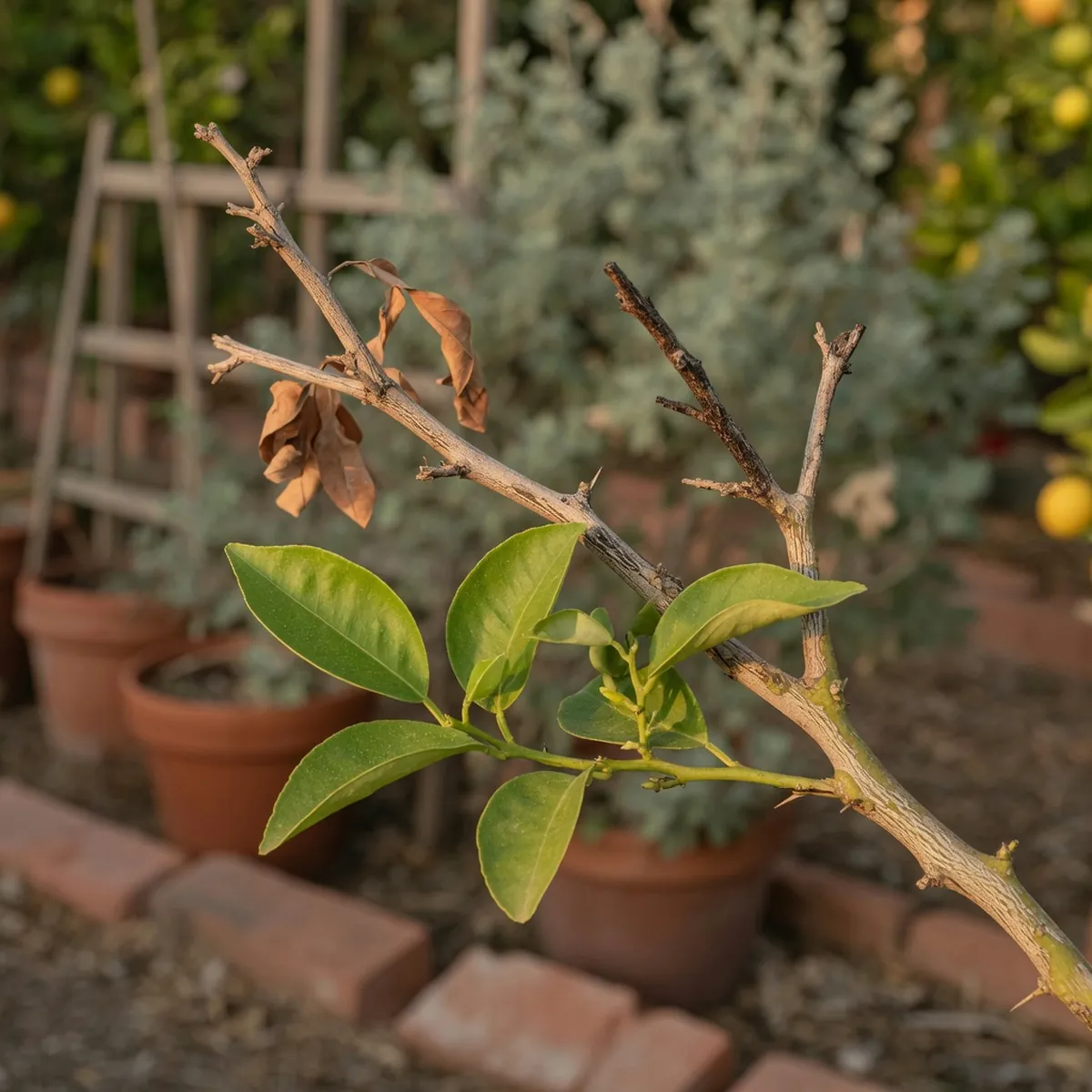 A citrus branch displaying healthy foliage alongside a few dead twigs awaiting removal.