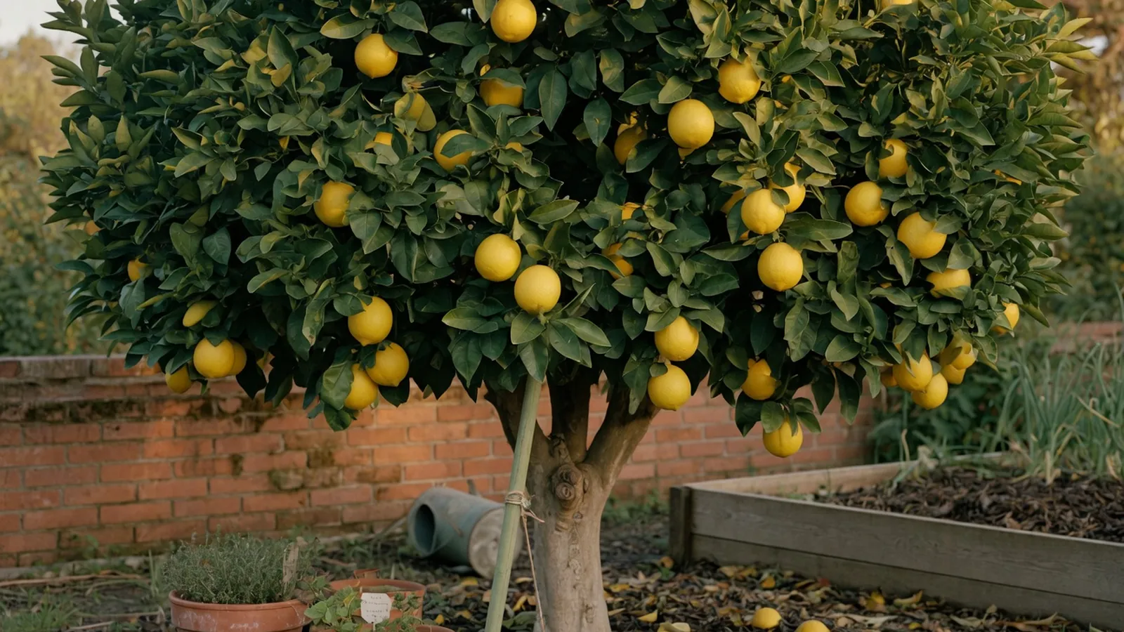 A mature citrus tree bearing ripe yellow fruit among glossy green leaves in a garden.