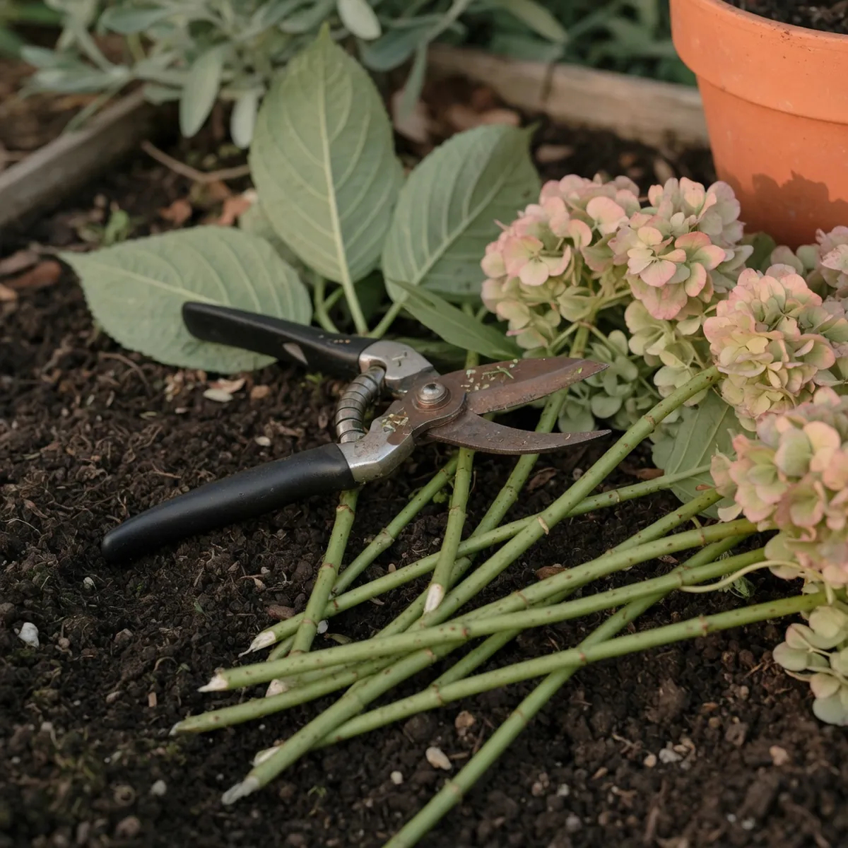 A pair of sharp pruning shears rests on dark soil beside trimmed hydrangea stems.
