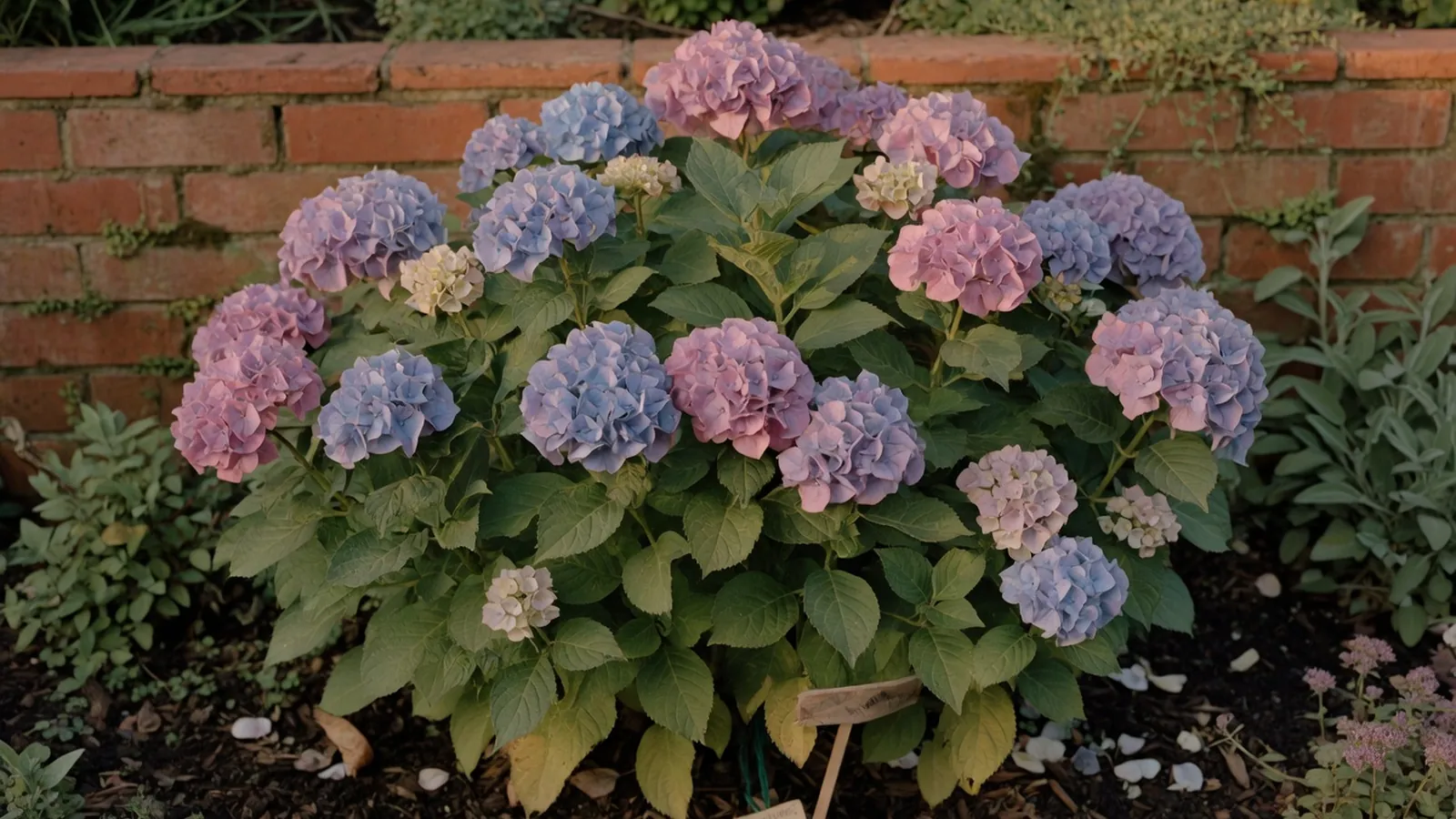 A blooming hydrangea shrub displays large clusters of blue and pink flowers among green leaves.