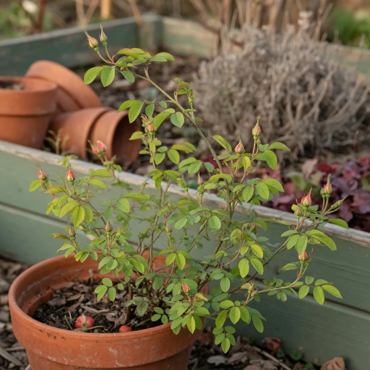 A Knockout rose bush in early spring showing fresh green foliage and emerging buds.