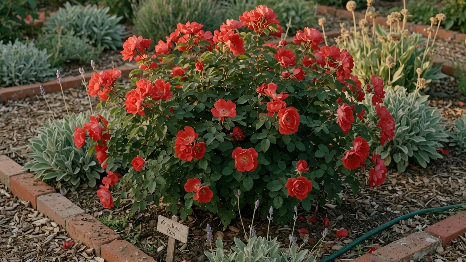 A healthy Knockout rose shrub displaying vibrant red blooms in a well-maintained garden bed.