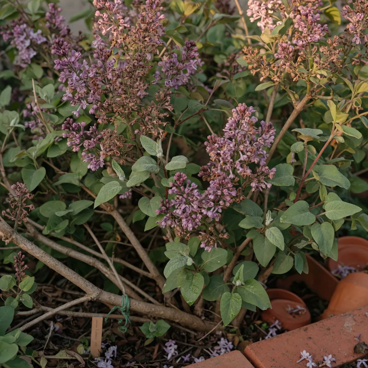 A lilac bush displaying spent purple flower clusters and fresh green leaves in late spring.