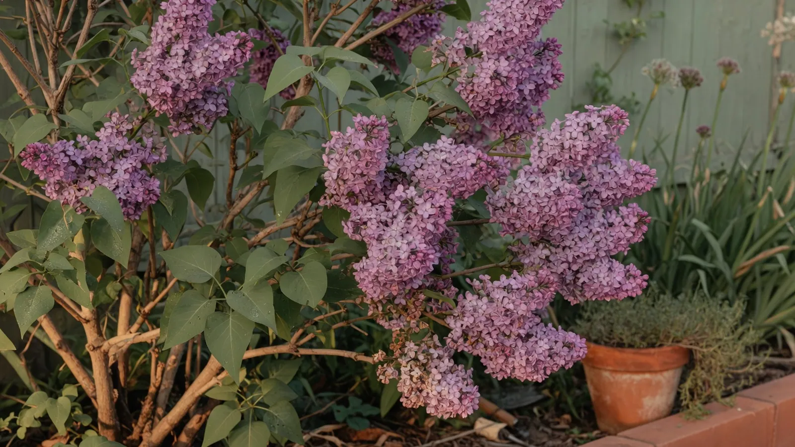 A healthy lilac bush in full bloom with dense clusters of purple flowers against green foliage.