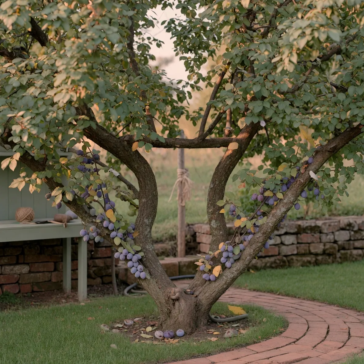 A mature plum tree pruned into an open-center vase shape with sunlight filtering through its branches.