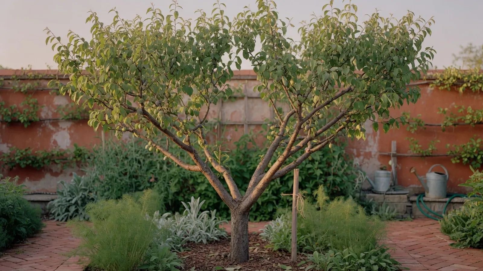 A healthy plum tree with an open center structure standing in a sunlit garden.