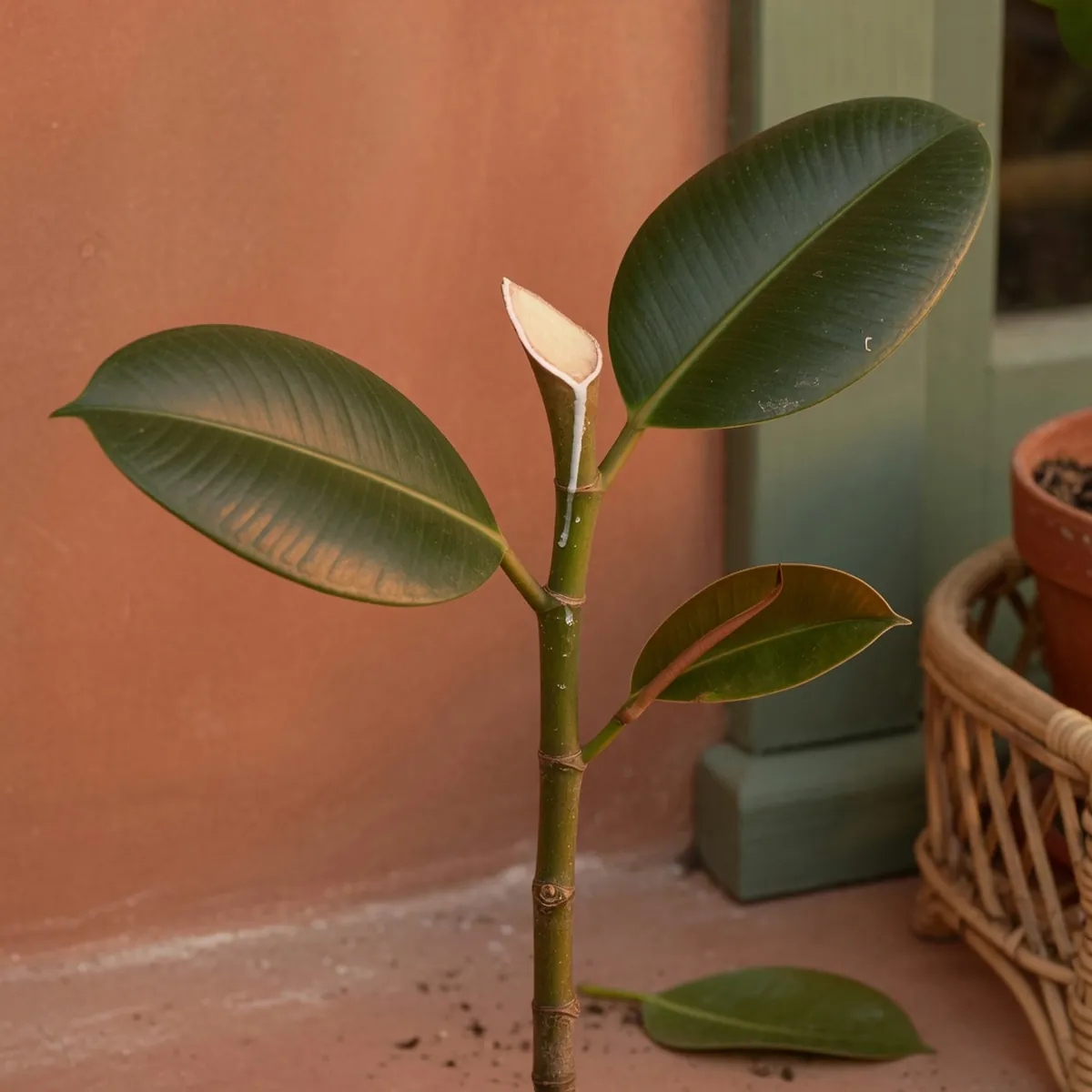 A close-up of a rubber plant stem showing a fresh pruning cut with emerging green leaves below it.