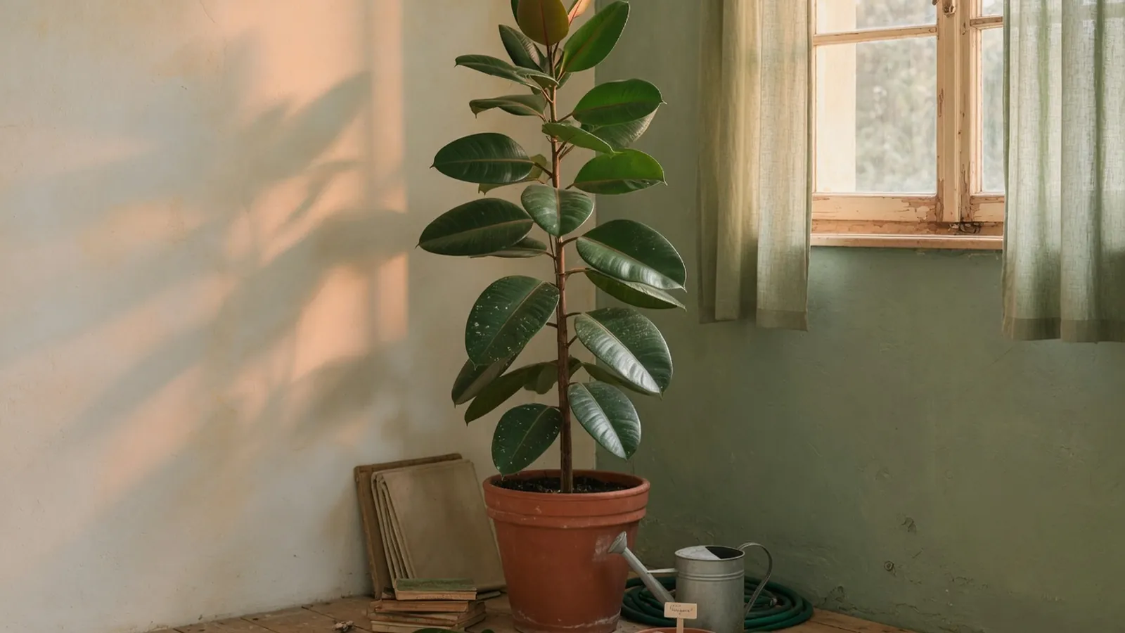 A tall rubber plant with broad glossy leaves standing in a bright indoor corner.