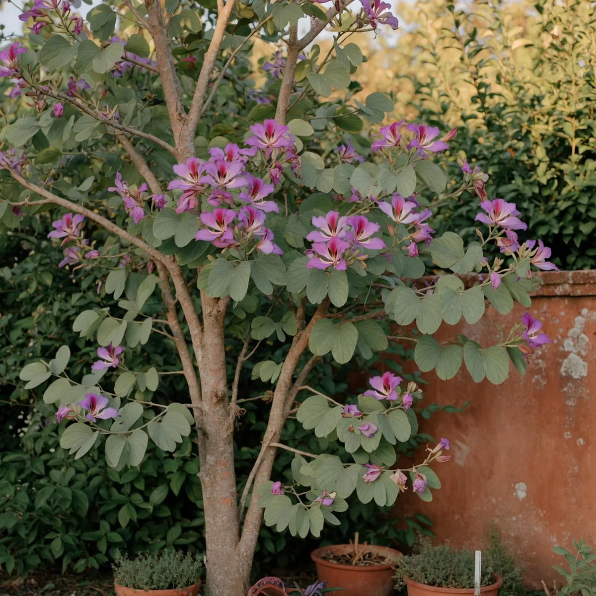 A mature orchid tree displaying its distinctive purple blooms against a backdrop of green foliage.