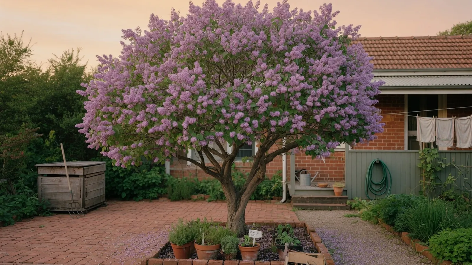 A vibrant purple flowering tree in full bloom standing prominently in a residential garden setting.
