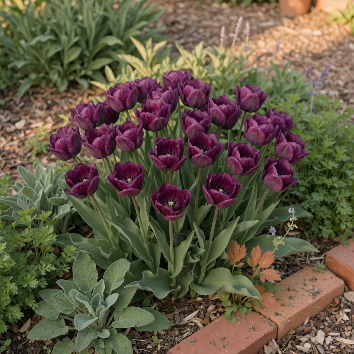 A cluster of deep purple tulips arranged naturally in a garden bed with soft green foliage.