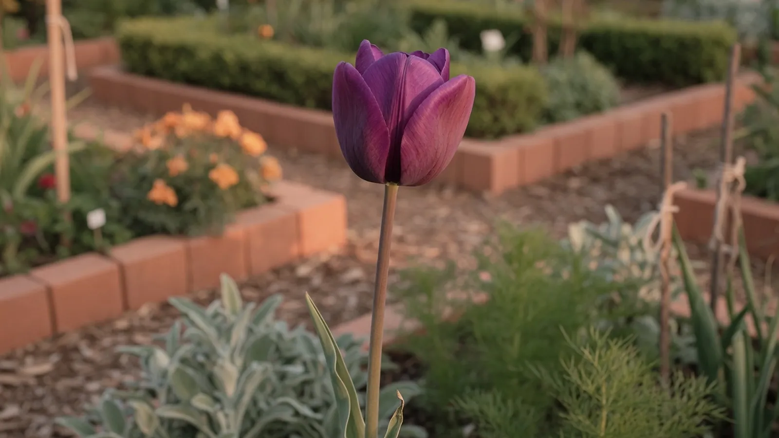 A single elegant purple tulip standing tall against a soft, blurred garden background.