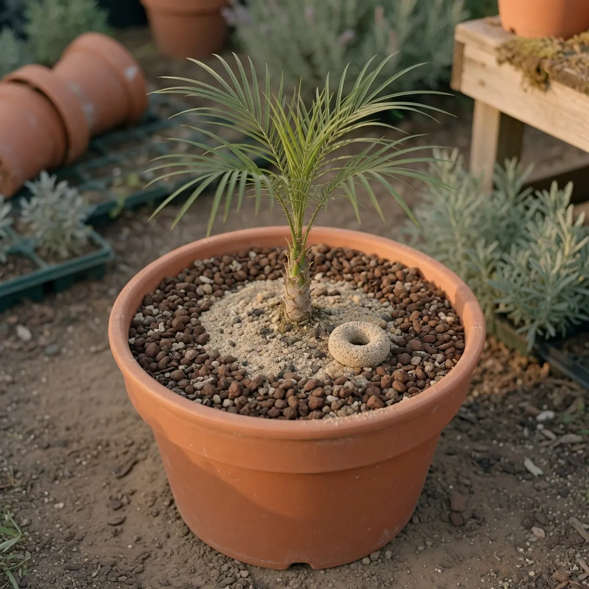 A young pygmy date palm in a pot surrounded by a ring of mulch and sand at its base.