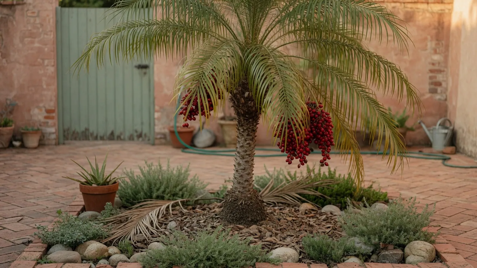 A mature pygmy date palm with arching feather-like fronds and clusters of small deep red fruits.