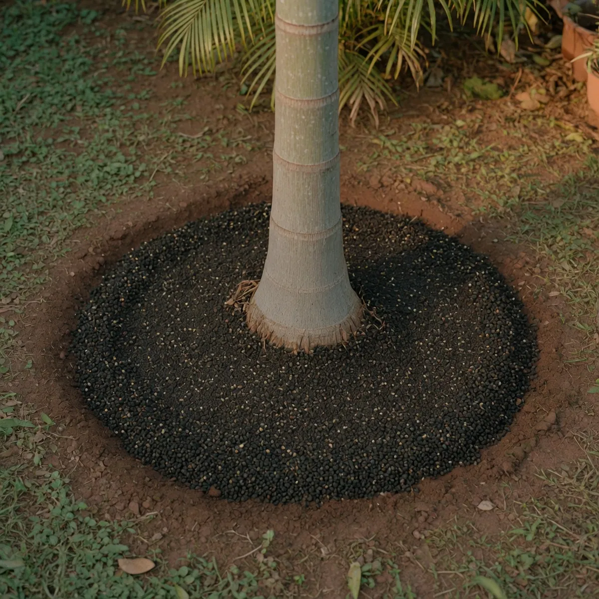 A ring of granular fertilizer spread evenly around the base of a mature queen palm tree.