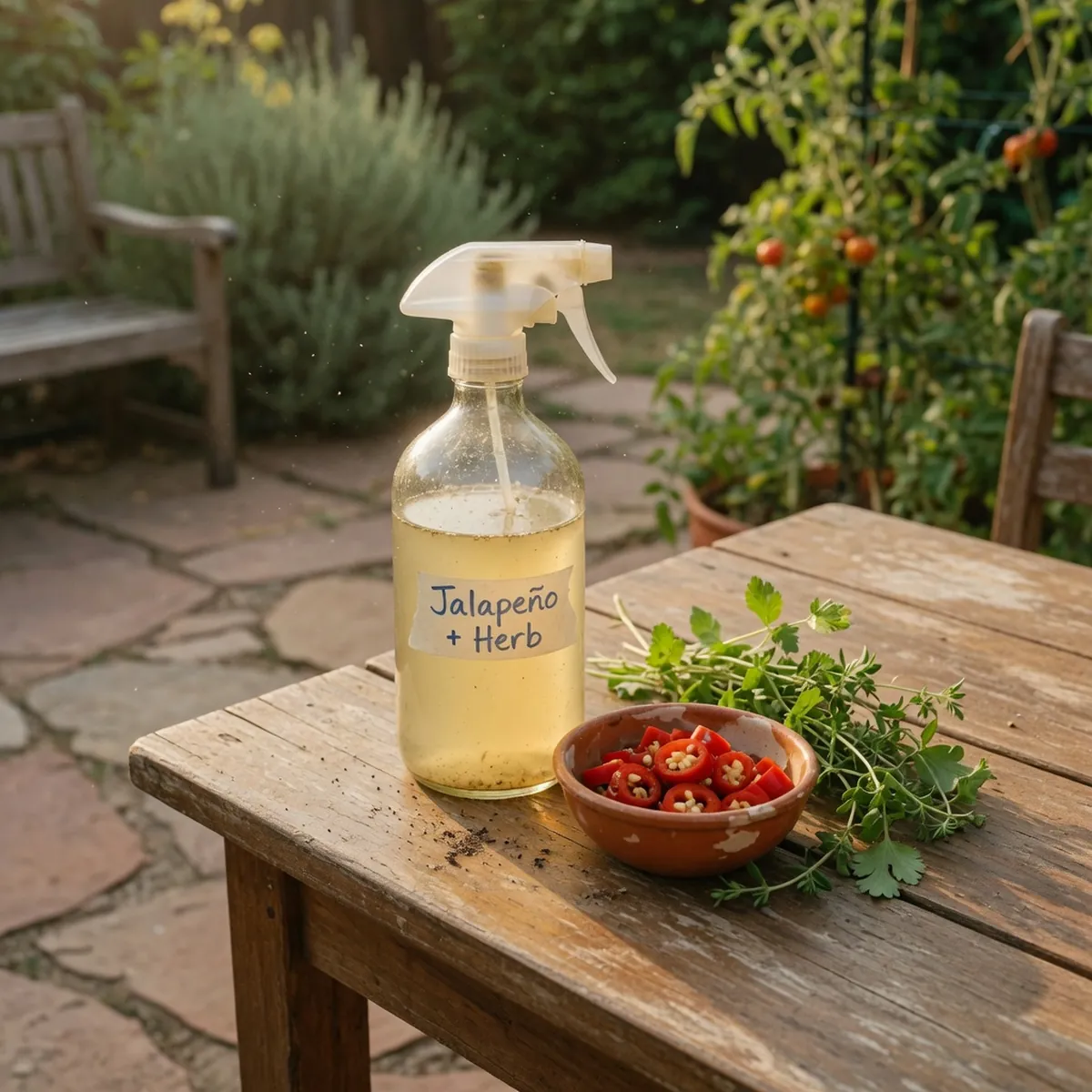 A glass spray bottle with homemade hot pepper repellent sits beside chopped jalapeños on a wooden table.