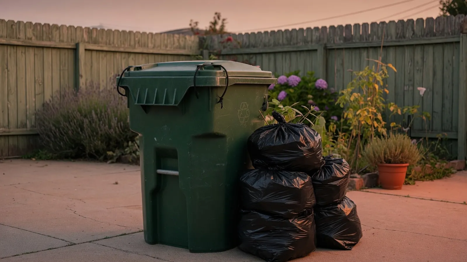 A secure trash bin with a heavy lid sits on a driveway to prevent raccoon access.