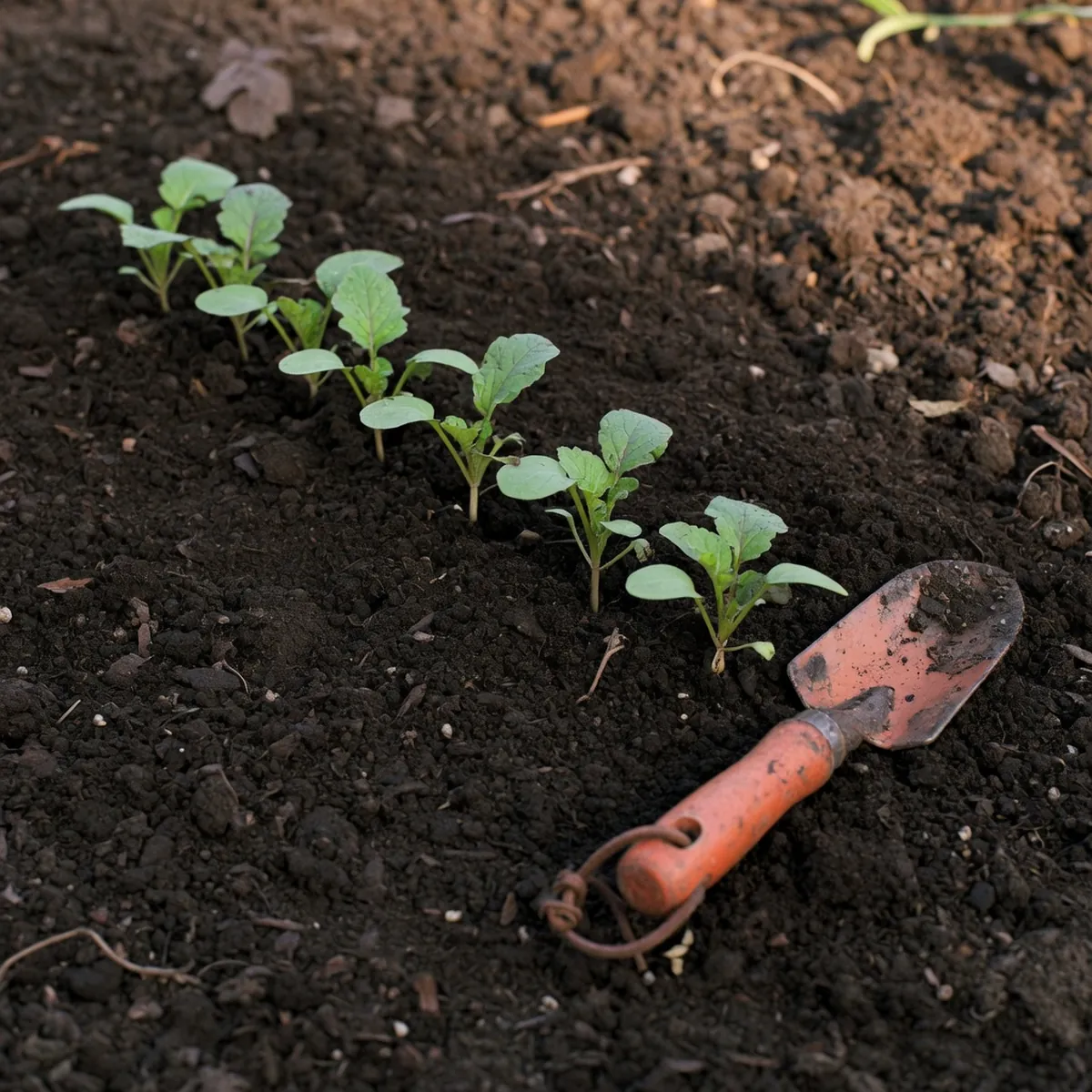A neat row of young radish seedlings emerges from dark, loamy garden soil.