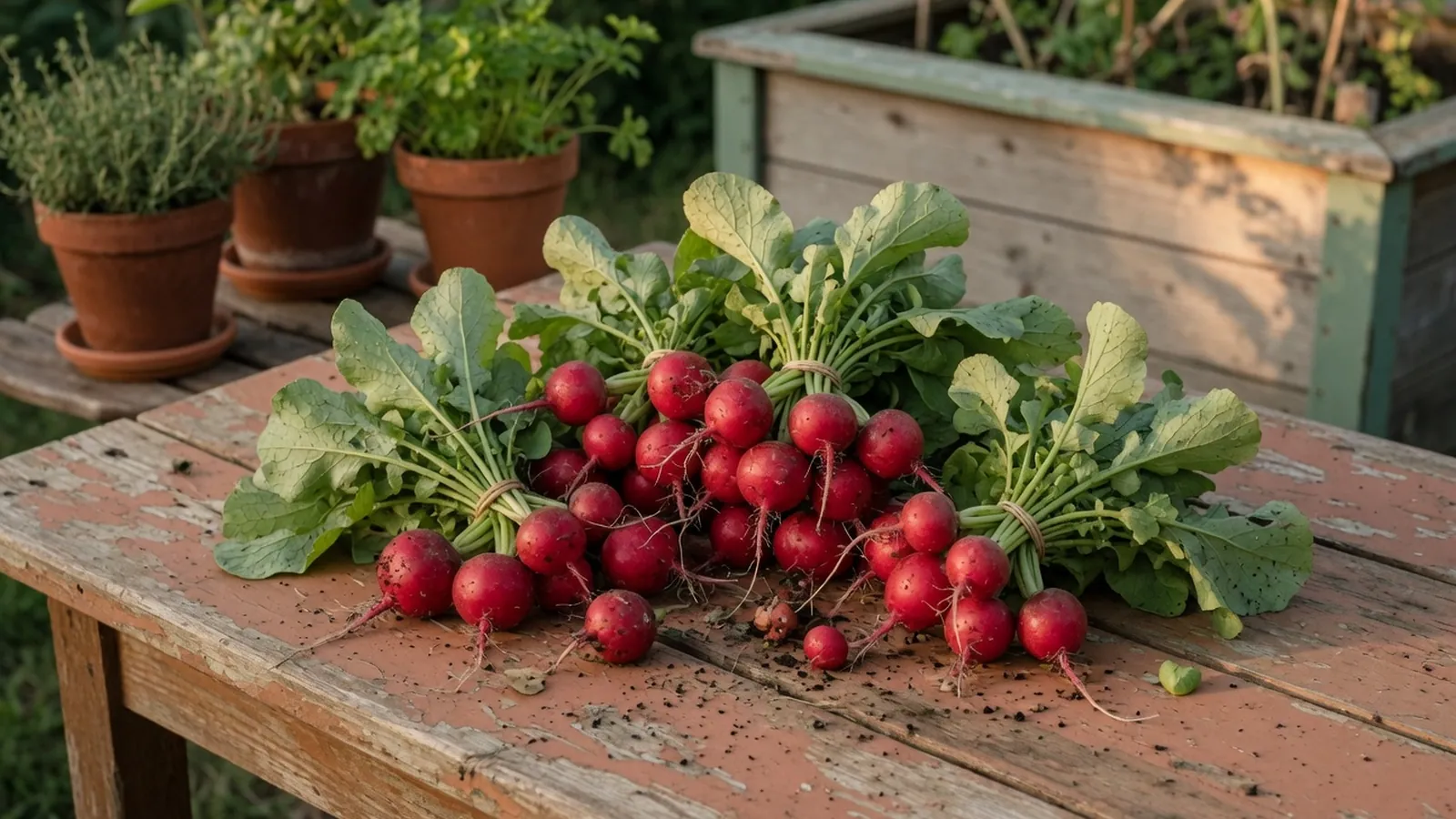 Freshly harvested red radishes with leafy green tops rest on a wooden table.