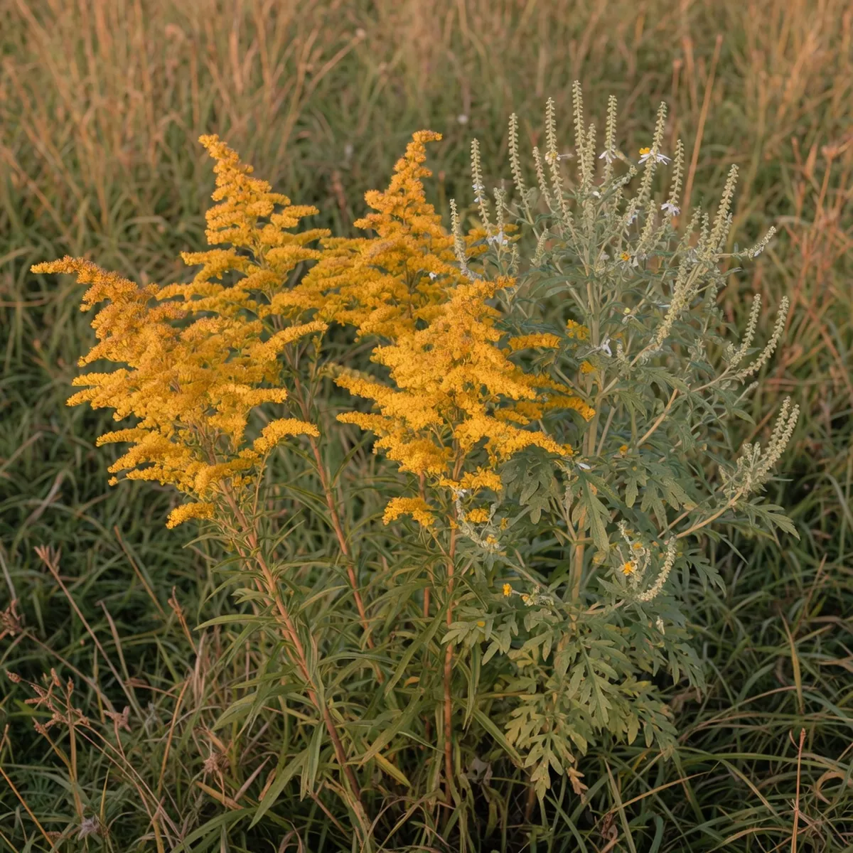 Goldenrod flowers growing beside ragweed plants in a natural field setting.