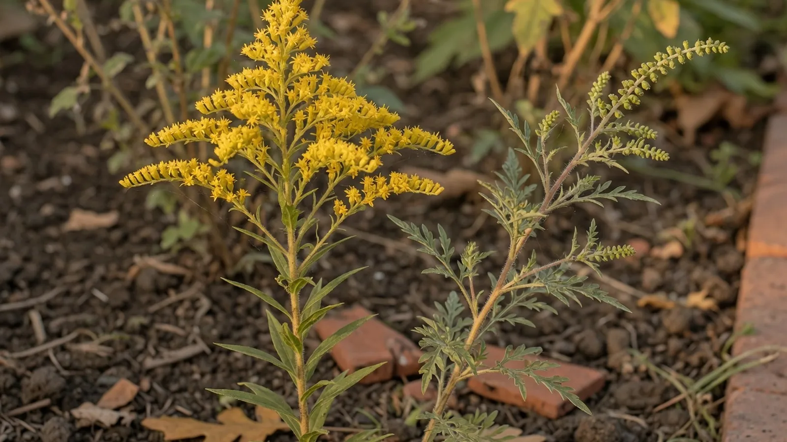 A side-by-side view of goldenrod and ragweed plants highlighting their distinct foliage and flowers.