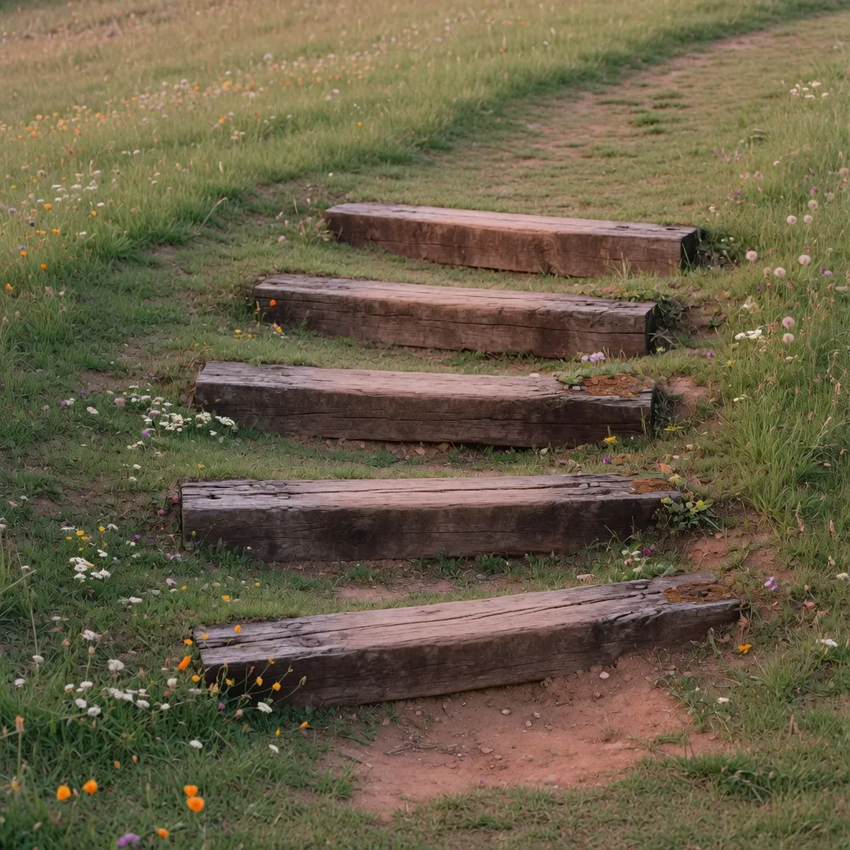 A row of weathered wooden railroad ties forming sturdy garden steps on a gentle slope.