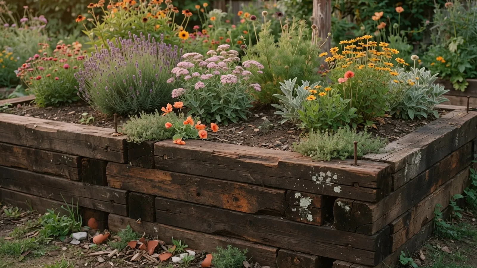 A rustic garden landscape featuring weathered wooden railroad ties used as retaining walls and seating areas.