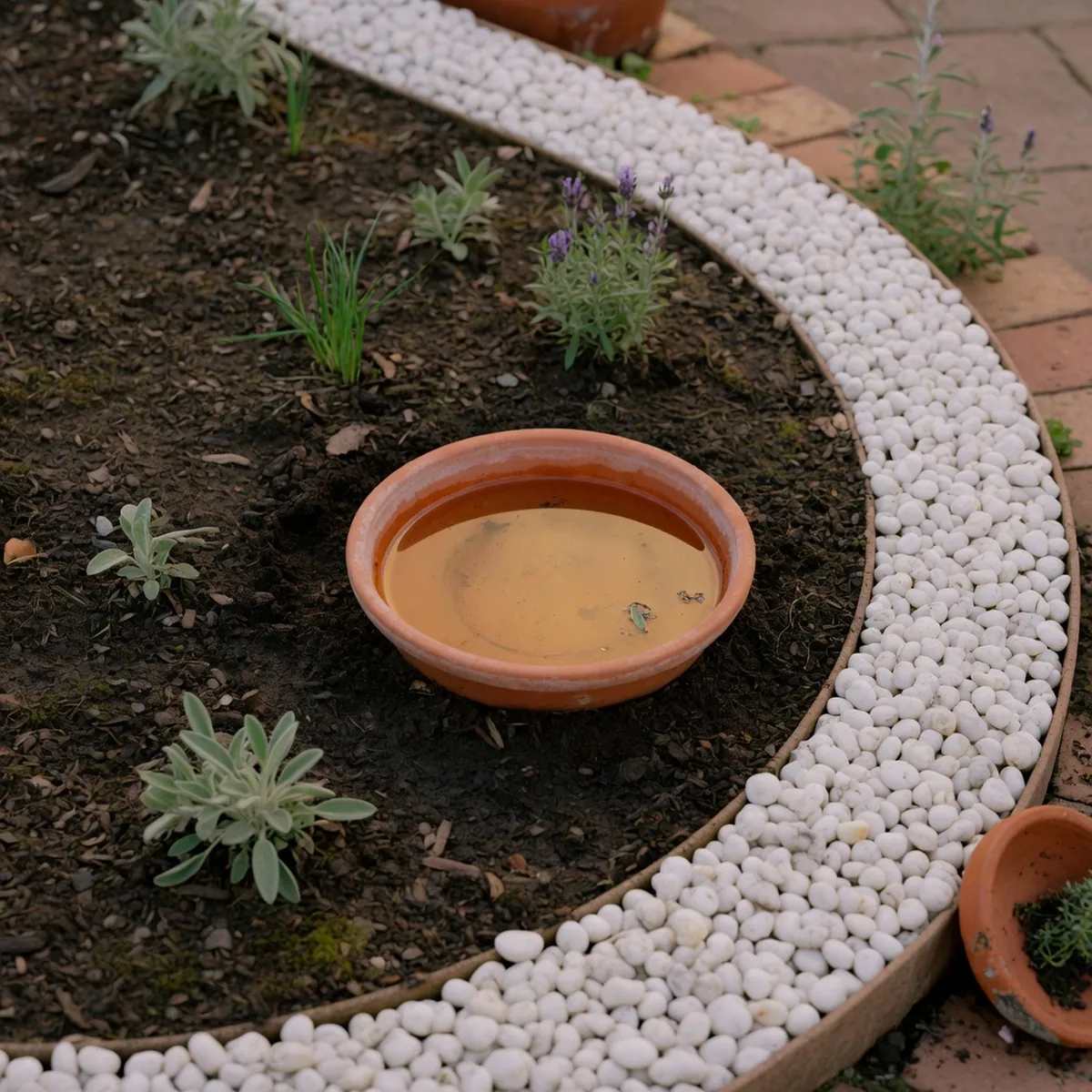 A curved garden bed outlined with smooth white pebbles and a small central water feature.