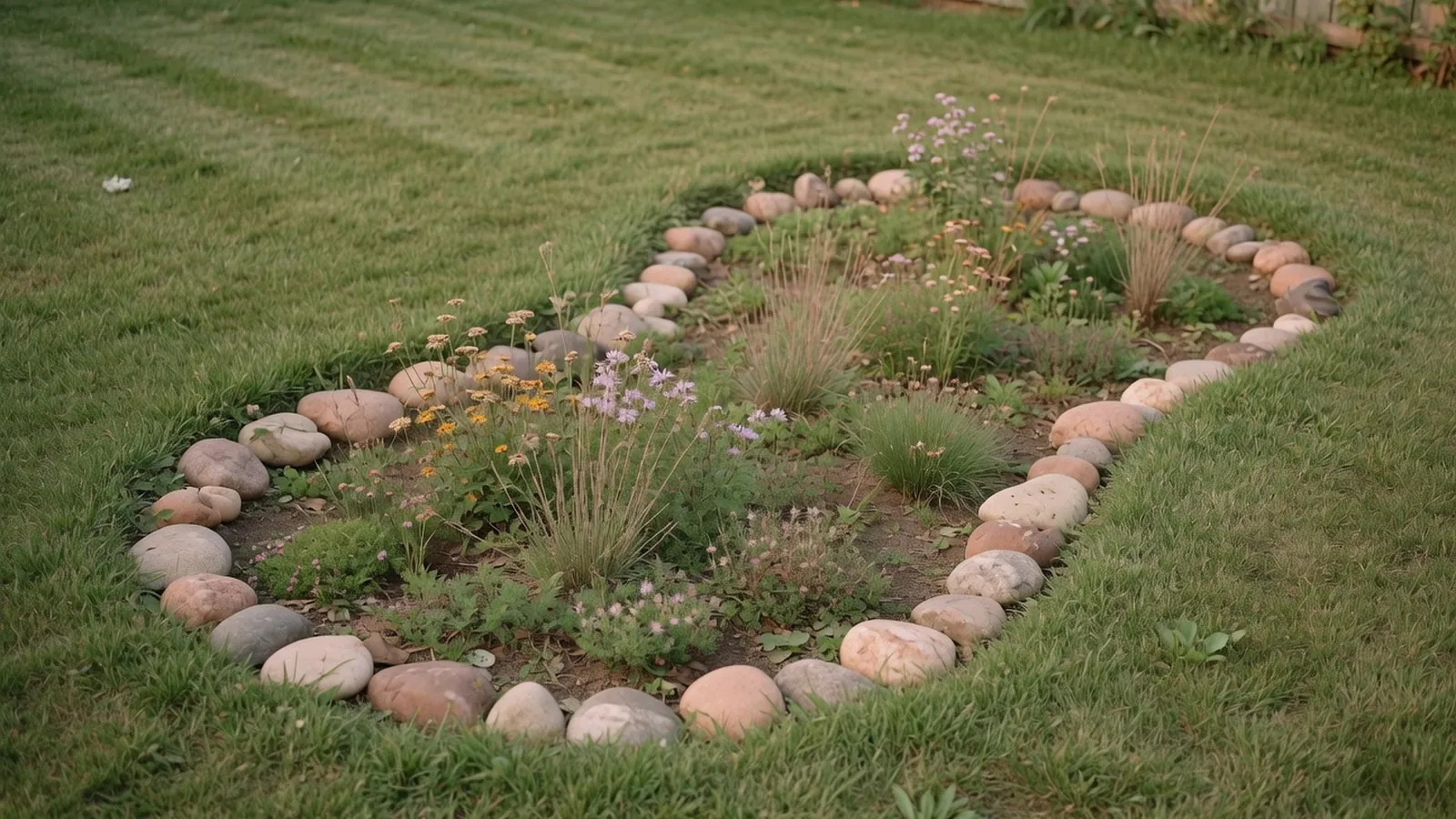 A shallow depression in a lawn planted with native grasses and perennials, edged with smooth stones.