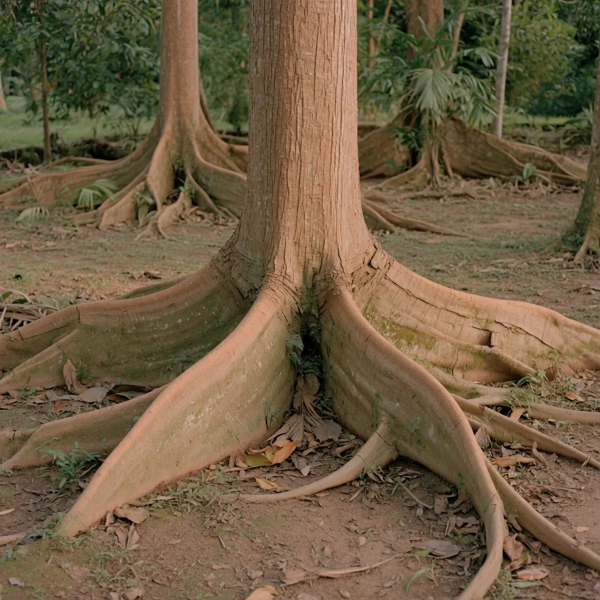 Wide-spreading buttress roots at the base of a tall rainforest tree trunk.