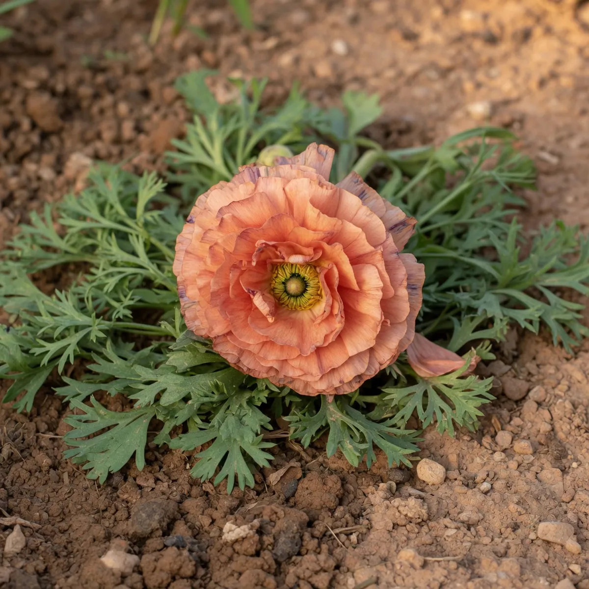 A close-up of a single ranunculus flower head with slightly faded petals resting on a bed of lacy green leaves.