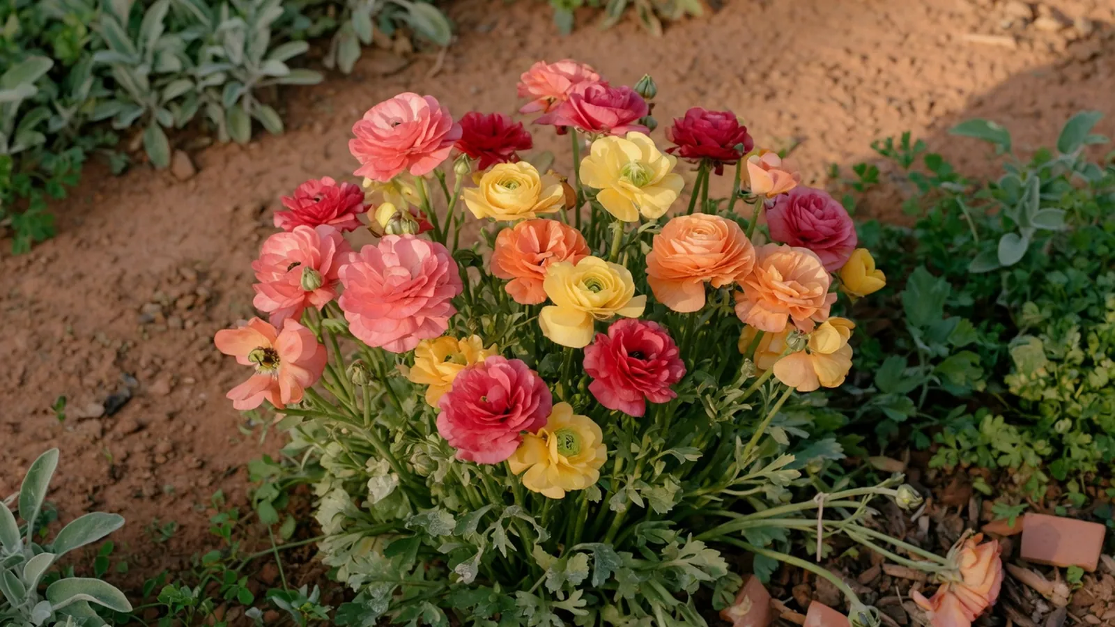 A cluster of vibrant ranunculus blooms in full color among green foliage in a sunlit garden bed.