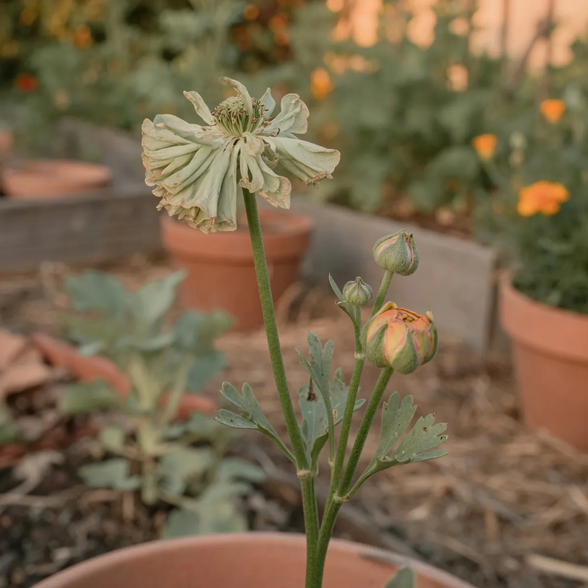 The green ranunculus stem displays a faded spent bloom alongside healthy buds against a blurred garden background.