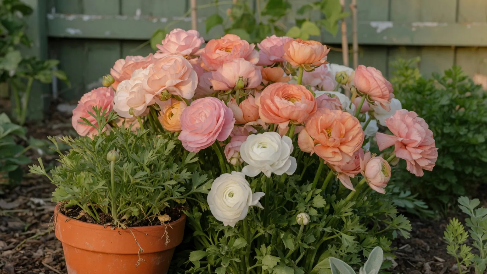 A vibrant cluster of multi-colored ranunculus flowers blooms in full display, showcasing their layered petals against soft green foliage.