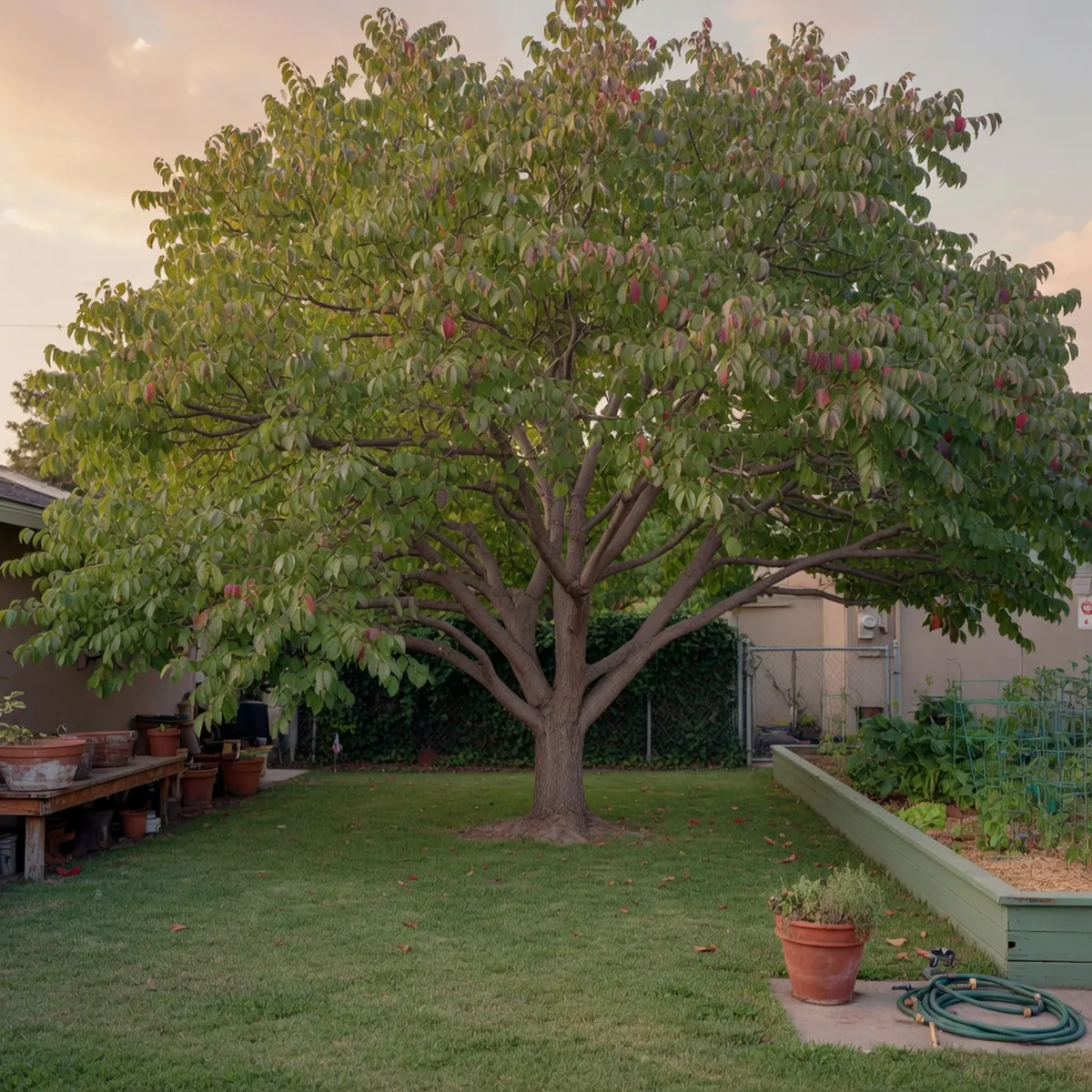 A mature Raywood Ash tree with a broad canopy casting shade over a suburban lawn.