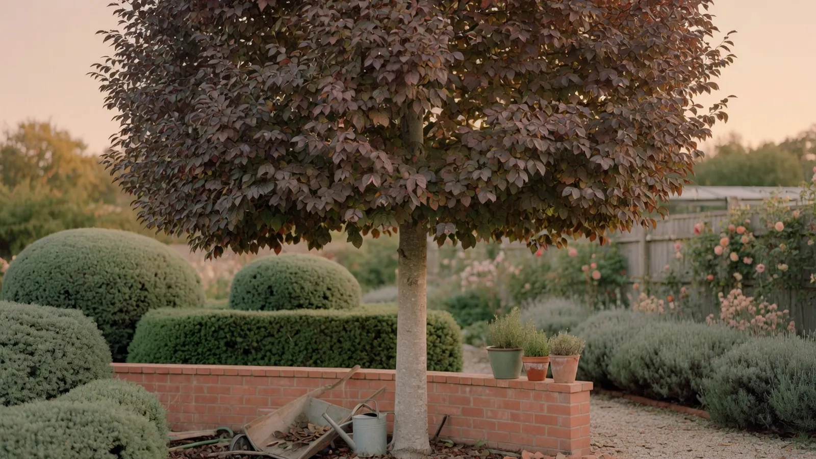 A tall Raywood Ash tree displaying green, claret, and purplish foliage in a landscaped garden.