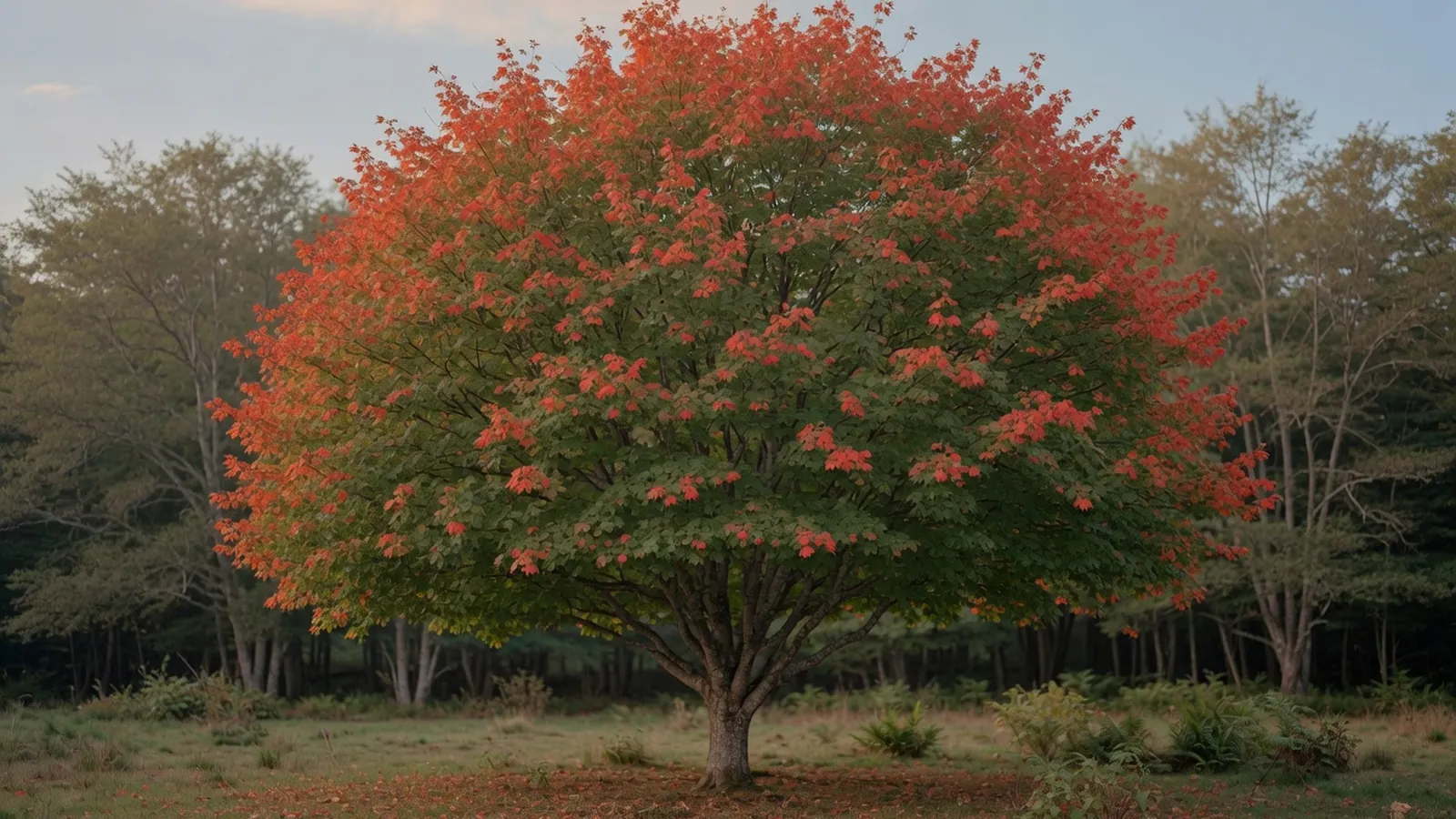 A full view of a mature red maple tree displaying its characteristic pyramidal shape and vibrant autumn foliage.