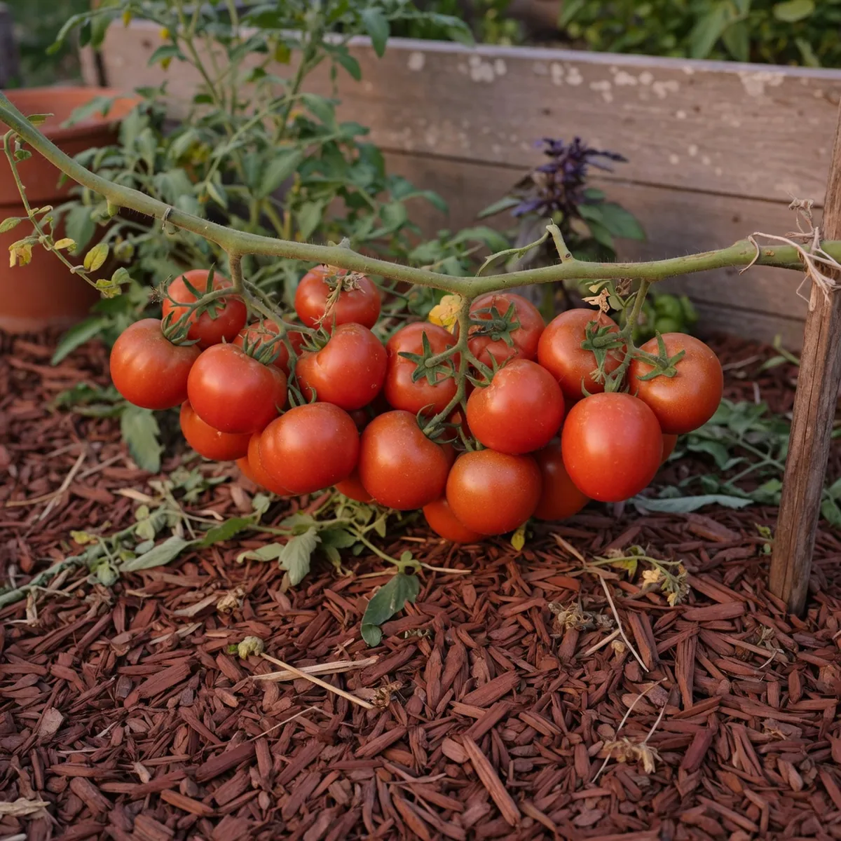 Ripe tomatoes growing on a vine above a bed of red wood chips.