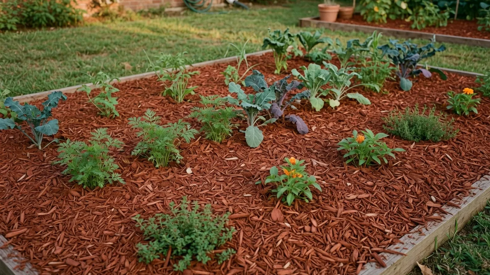 A garden bed covered in finely chipped red mulch with green plants growing through it.
