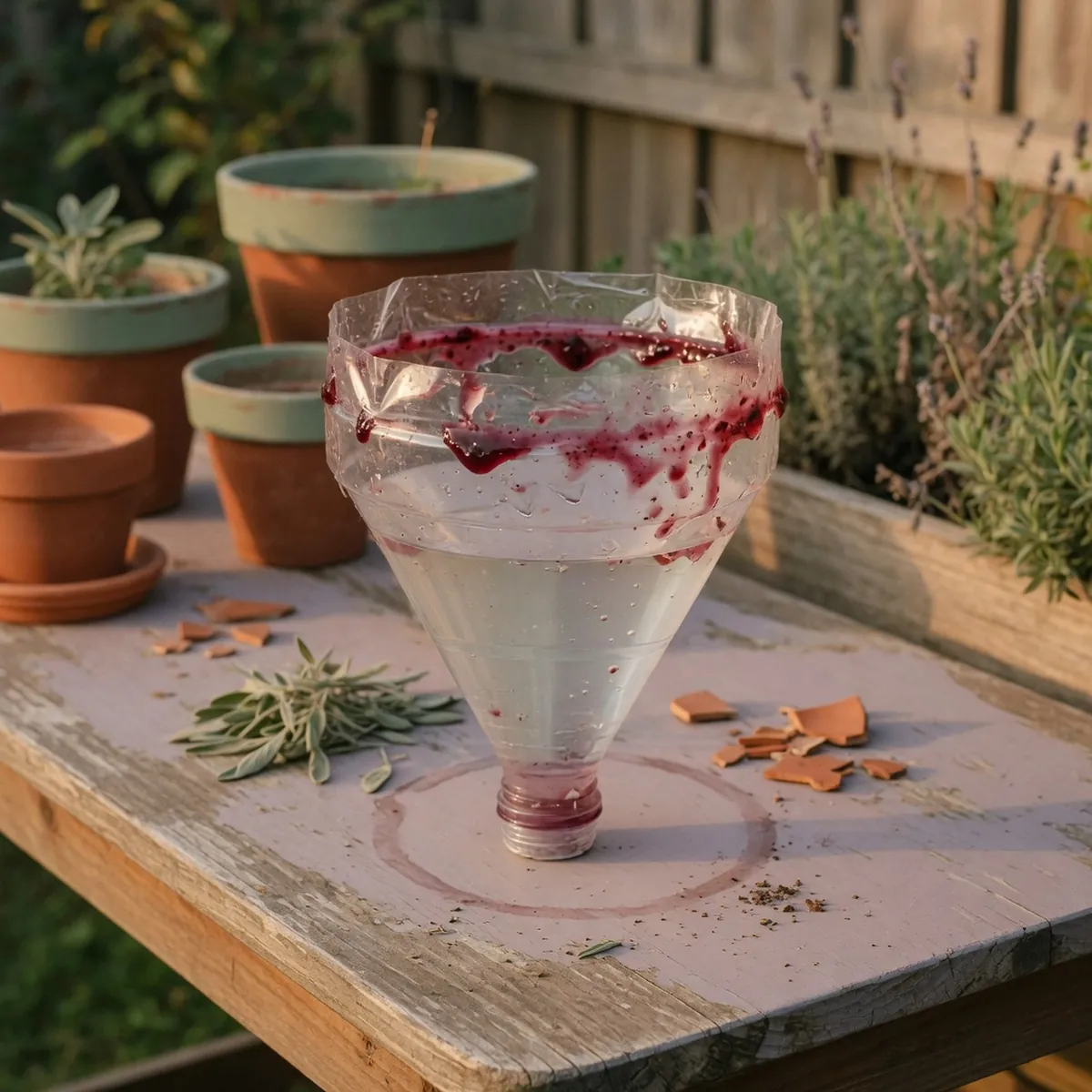 A homemade plastic bottle trap filled with water and bait to catch wasps.