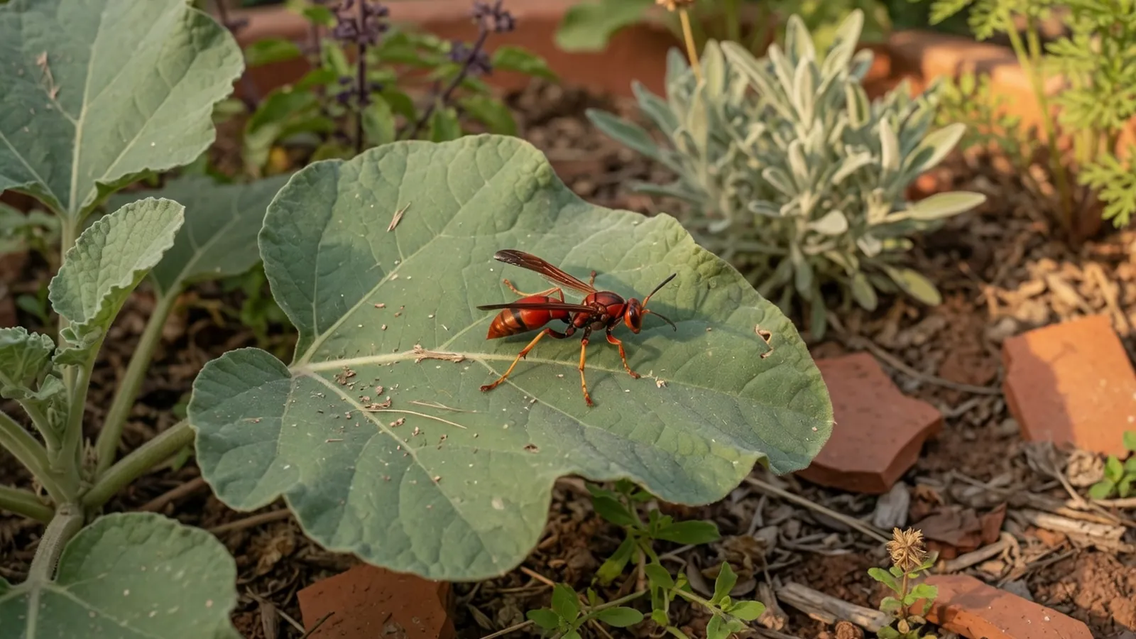 A bright red wasp resting on a green garden leaf.