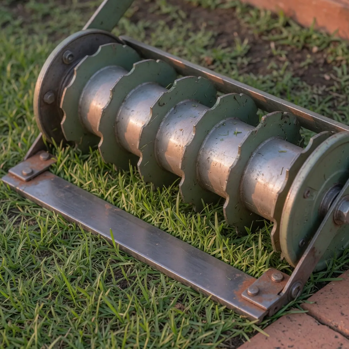 A close-up view of a reel mower cylinder with curved blades positioned just above a flat bedknife, ready to cut grass.
