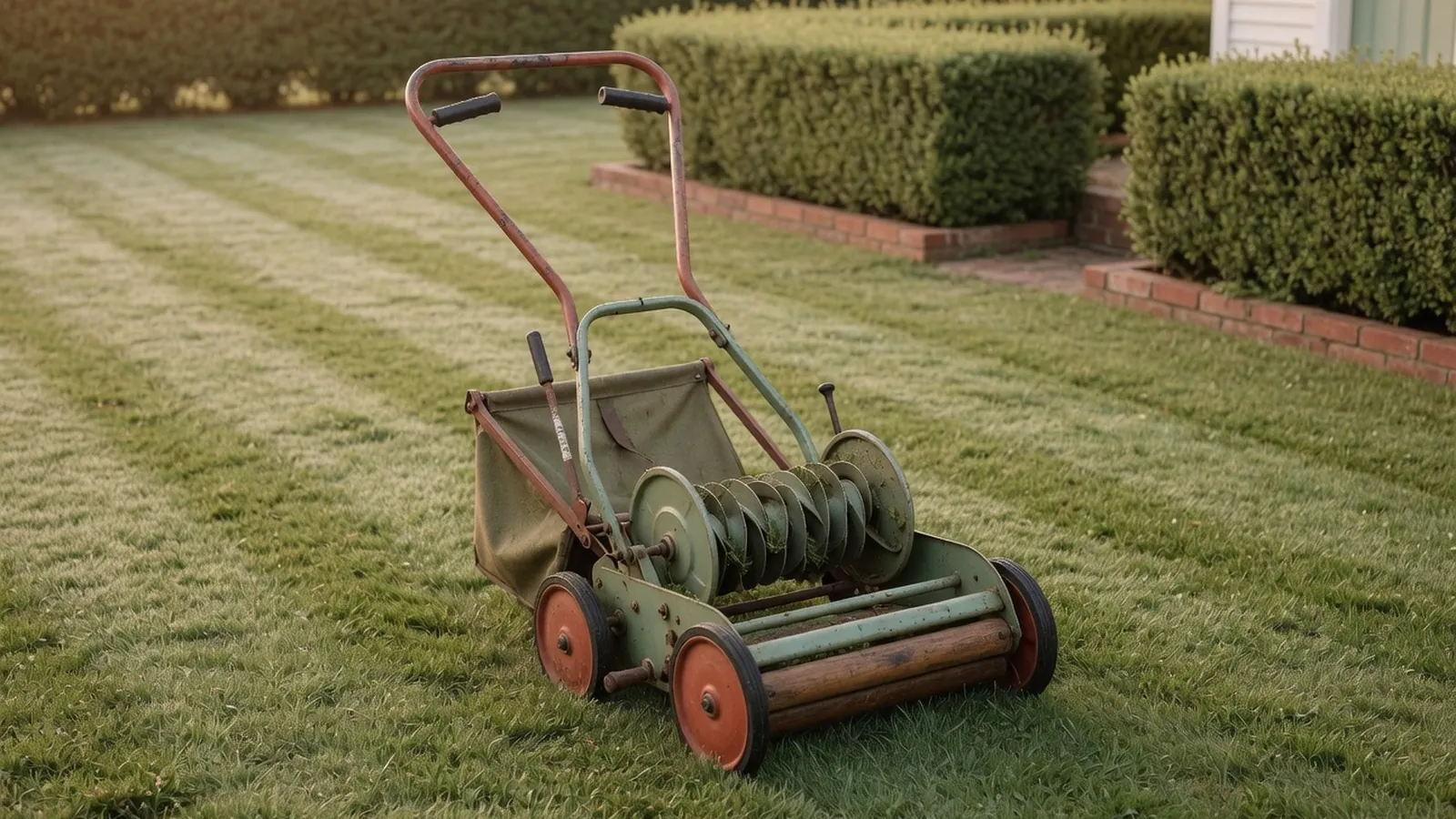 A classic manual reel lawn mower standing on a well-kept suburban lawn under soft daylight.