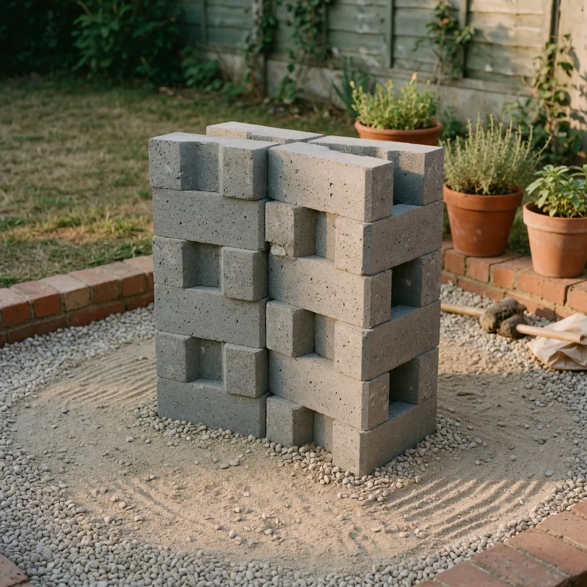 A neat stack of interlocking pre-cast concrete blocks ready for installation on a prepared gravel foundation.