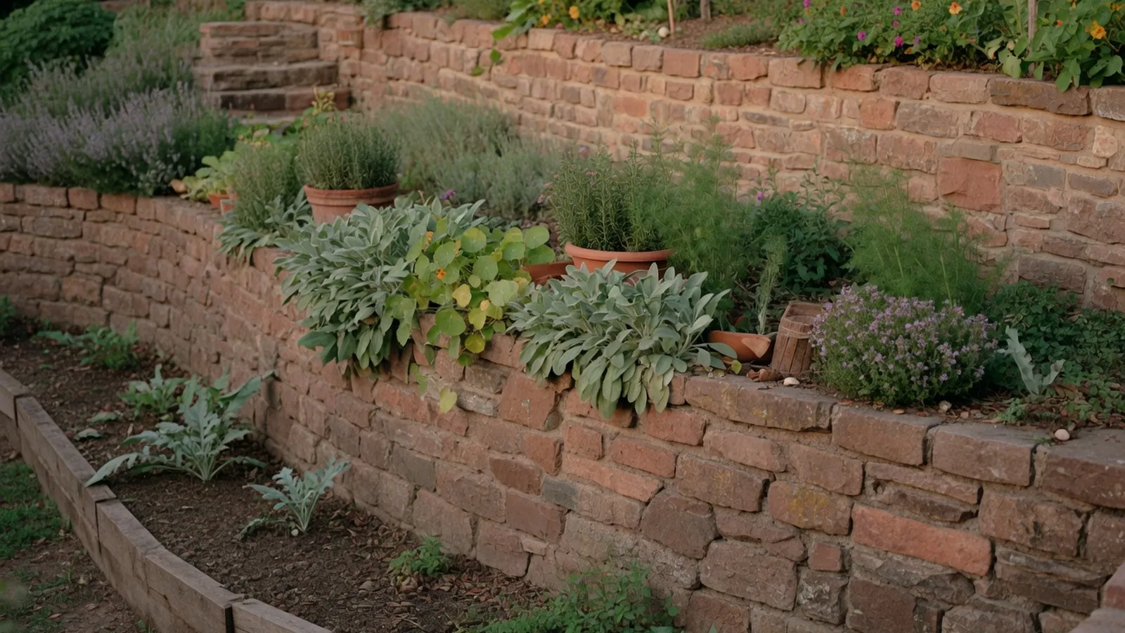 A curved stone retaining wall supporting a terraced garden slope with greenery growing along the top edge.
